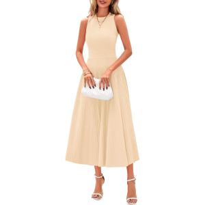 image:imagePRETTYGARDEN Spring Casual Dresses for Women 2026 Summer Business Work Midi Sleeveless A Line Pleated Cocktail DressApricot
