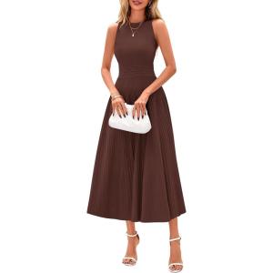 image:imagePRETTYGARDEN Spring Casual Dresses for Women 2026 Summer Business Work Midi Sleeveless A Line Pleated Cocktail DressBrown
