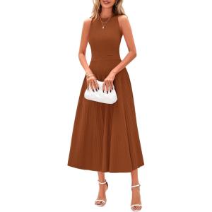 image:imagePRETTYGARDEN Spring Casual Dresses for Women 2026 Summer Business Work Midi Sleeveless A Line Pleated Cocktail DressCaramel