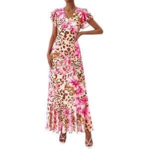 image:imagePRETTYGARDEN Spring Dresses for Women 2026 Summer Boho Floral Ruffle Short Sleeve Flowy Beach Wedding Guest Maxi Long DressFloral Apricot Pink