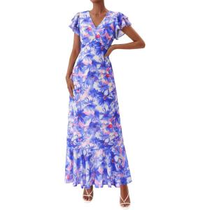 image:imagePRETTYGARDEN Spring Dresses for Women 2026 Summer Boho Floral Ruffle Short Sleeve Flowy Beach Wedding Guest Maxi Long DressFloral Purple