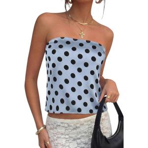 image:imagePRETTYGARDEN Strapless Tube Tops for Women 2026 Summer Sleeveless Backless Polka Dot Going Out Top Bandeau Cute Y2k ShirtDot Blue Black