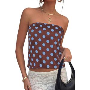 image:imagePRETTYGARDEN Strapless Tube Tops for Women 2026 Summer Sleeveless Backless Polka Dot Going Out Top Bandeau Cute Y2k ShirtDot Brown Blue