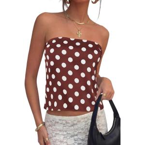 image:imagePRETTYGARDEN Strapless Tube Tops for Women 2026 Summer Sleeveless Backless Polka Dot Going Out Top Bandeau Cute Y2k ShirtDot Brown White