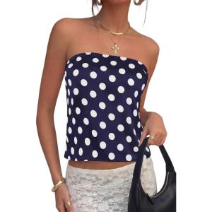 image:imagePRETTYGARDEN Strapless Tube Tops for Women 2026 Summer Sleeveless Backless Polka Dot Going Out Top Bandeau Cute Y2k ShirtDot Dark Blue White