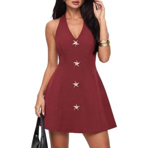 image:imagePRETTYGARDEN Summer Cocktail Dresses for Women Short 2026 Spring Halter V Neck Beach Party Backless A Line Mini DressBurgundy
