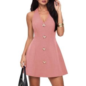 image:imagePRETTYGARDEN Summer Cocktail Dresses for Women Short 2026 Spring Halter V Neck Beach Party Backless A Line Mini DressPink