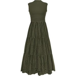 image:imagePRETTYGARDEN Summer Dresses for Women 2026 Casual Eyelet Sleeveless Wedding Guest Maxi Dress Tank Top Sundress with PocketsArmy Green
