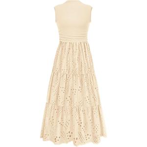 image:imagePRETTYGARDEN Summer Dresses for Women 2026 Casual Eyelet Sleeveless Wedding Guest Maxi Dress Tank Top Sundress with PocketsBeige