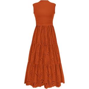 image:imagePRETTYGARDEN Summer Dresses for Women 2026 Casual Eyelet Sleeveless Wedding Guest Maxi Dress Tank Top Sundress with PocketsBrick Red
