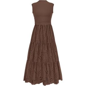 image:imagePRETTYGARDEN Summer Dresses for Women 2026 Casual Eyelet Sleeveless Wedding Guest Maxi Dress Tank Top Sundress with PocketsBrown