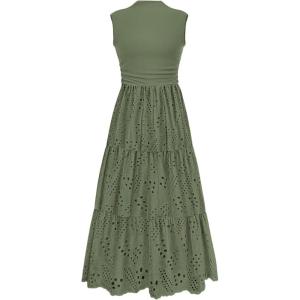 image:imagePRETTYGARDEN Summer Dresses for Women 2026 Casual Eyelet Sleeveless Wedding Guest Maxi Dress Tank Top Sundress with PocketsGreen