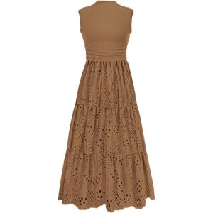 image:imagePRETTYGARDEN Summer Dresses for Women 2026 Casual Eyelet Sleeveless Wedding Guest Maxi Dress Tank Top Sundress with PocketsKhaki
