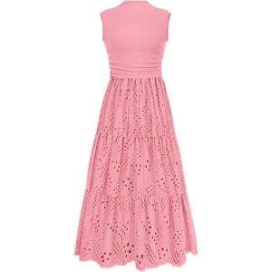 image:imagePRETTYGARDEN Summer Dresses for Women 2026 Casual Eyelet Sleeveless Wedding Guest Maxi Dress Tank Top Sundress with PocketsPink