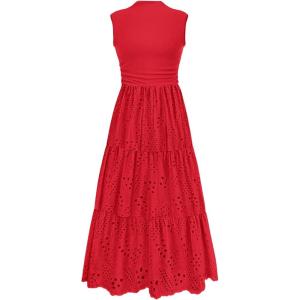 image:imagePRETTYGARDEN Summer Dresses for Women 2026 Casual Eyelet Sleeveless Wedding Guest Maxi Dress Tank Top Sundress with PocketsRed
