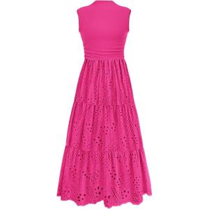 image:imagePRETTYGARDEN Summer Dresses for Women 2026 Casual Eyelet Sleeveless Wedding Guest Maxi Dress Tank Top Sundress with PocketsRose Red