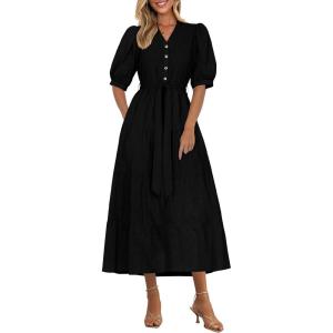 image:imagePRETTYGARDEN Summer Dresses for Women 2026 Elegant Classy Short Sleeve V Neck Ruffle A Line Belted Long Beach Vacation DressBlack
