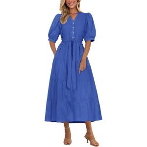 image:imagePRETTYGARDEN Summer Dresses for Women 2026 Elegant Classy Short Sleeve V Neck Ruffle A Line Belted Long Beach Vacation DressBlue