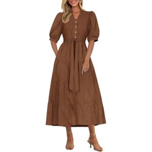 image:imagePRETTYGARDEN Summer Dresses for Women 2026 Elegant Classy Short Sleeve V Neck Ruffle A Line Belted Long Beach Vacation DressCoffee