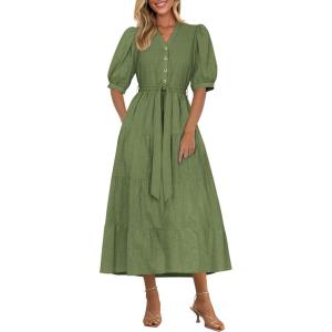 image:imagePRETTYGARDEN Summer Dresses for Women 2026 Elegant Classy Short Sleeve V Neck Ruffle A Line Belted Long Beach Vacation DressCyan