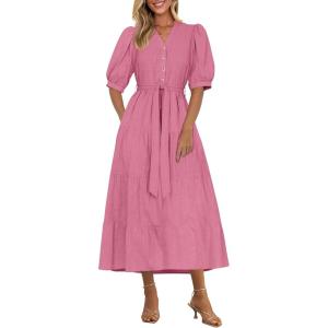 image:imagePRETTYGARDEN Summer Dresses for Women 2026 Elegant Classy Short Sleeve V Neck Ruffle A Line Belted Long Beach Vacation DressDark Pink