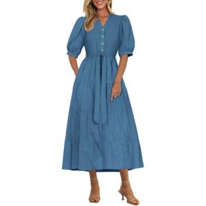 image:imagePRETTYGARDEN Summer Dresses for Women 2026 Elegant Classy Short Sleeve V Neck Ruffle A Line Belted Long Beach Vacation DressGrey Blue