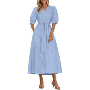 image:imagePRETTYGARDEN Summer Dresses for Women 2026 Elegant Classy Short Sleeve V Neck Ruffle A Line Belted Long Beach Vacation DressLight Blue