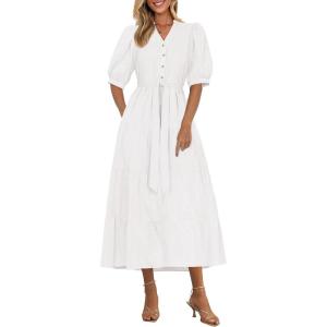 image:imagePRETTYGARDEN Summer Dresses for Women 2026 Elegant Classy Short Sleeve V Neck Ruffle A Line Belted Long Beach Vacation DressWhite