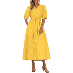image:imagePRETTYGARDEN Summer Dresses for Women 2026 Elegant Classy Short Sleeve V Neck Ruffle A Line Belted Long Beach Vacation DressYellow