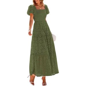 image:imagePRETTYGARDEN Summer Dresses for Women 2026 Eyelet Square Neck Puff Sleeve Smocked Wedding Guest Maxi Dress with PocketsArmy Green