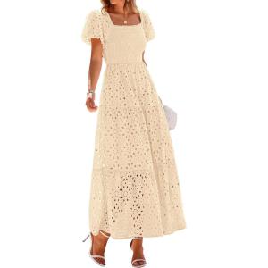 image:imagePRETTYGARDEN Summer Dresses for Women 2026 Eyelet Square Neck Puff Sleeve Smocked Wedding Guest Maxi Dress with PocketsBeige