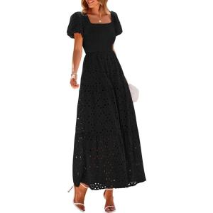 image:imagePRETTYGARDEN Summer Dresses for Women 2026 Eyelet Square Neck Puff Sleeve Smocked Wedding Guest Maxi Dress with PocketsBlack