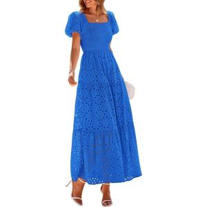 image:imagePRETTYGARDEN Summer Dresses for Women 2026 Eyelet Square Neck Puff Sleeve Smocked Wedding Guest Maxi Dress with PocketsBlue