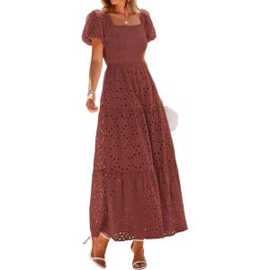 image:imagePRETTYGARDEN Summer Dresses for Women 2026 Eyelet Square Neck Puff Sleeve Smocked Wedding Guest Maxi Dress with PocketsBrown Red
