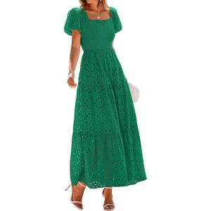 image:imagePRETTYGARDEN Summer Dresses for Women 2026 Eyelet Square Neck Puff Sleeve Smocked Wedding Guest Maxi Dress with PocketsDark Green