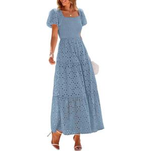 image:imagePRETTYGARDEN Summer Dresses for Women 2026 Eyelet Square Neck Puff Sleeve Smocked Wedding Guest Maxi Dress with PocketsGrey Blue