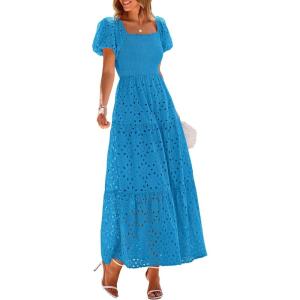 image:imagePRETTYGARDEN Summer Dresses for Women 2026 Eyelet Square Neck Puff Sleeve Smocked Wedding Guest Maxi Dress with PocketsLake Blue