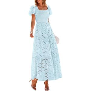 image:imagePRETTYGARDEN Summer Dresses for Women 2026 Eyelet Square Neck Puff Sleeve Smocked Wedding Guest Maxi Dress with PocketsLight Blue