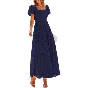 image:imagePRETTYGARDEN Summer Dresses for Women 2026 Eyelet Square Neck Puff Sleeve Smocked Wedding Guest Maxi Dress with PocketsNavy