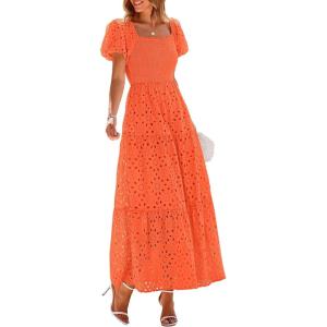 image:imagePRETTYGARDEN Summer Dresses for Women 2026 Eyelet Square Neck Puff Sleeve Smocked Wedding Guest Maxi Dress with PocketsOrange