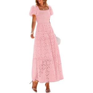 image:imagePRETTYGARDEN Summer Dresses for Women 2026 Eyelet Square Neck Puff Sleeve Smocked Wedding Guest Maxi Dress with PocketsPink