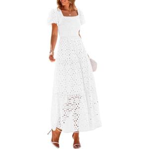 image:imagePRETTYGARDEN Summer Dresses for Women 2026 Eyelet Square Neck Puff Sleeve Smocked Wedding Guest Maxi Dress with PocketsWhite