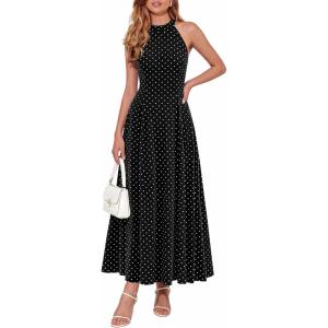 image:imagePRETTYGARDEN Summer Halter Dresses for Women 2026 Vacation Outfits Sleeveless Polka Dot Sundress Wedding Guest Maxi DressDot Black White