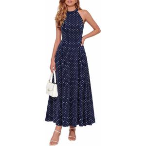 image:imagePRETTYGARDEN Summer Halter Dresses for Women 2026 Vacation Outfits Sleeveless Polka Dot Sundress Wedding Guest Maxi DressDot Dark Blue White