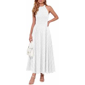 image:imagePRETTYGARDEN Summer Halter Dresses for Women 2026 Vacation Outfits Sleeveless Polka Dot Sundress Wedding Guest Maxi DressDot White Black