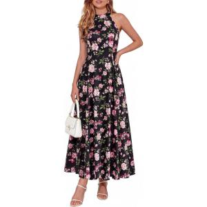 image:imagePRETTYGARDEN Summer Halter Dresses for Women 2026 Vacation Outfits Sleeveless Polka Dot Sundress Wedding Guest Maxi DressFloral Black Pink