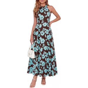 image:imagePRETTYGARDEN Summer Halter Dresses for Women 2026 Vacation Outfits Sleeveless Polka Dot Sundress Wedding Guest Maxi DressFloral Brown Blue