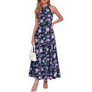 image:imagePRETTYGARDEN Summer Halter Dresses for Women 2026 Vacation Outfits Sleeveless Polka Dot Sundress Wedding Guest Maxi DressFloral Dark Blue Purple