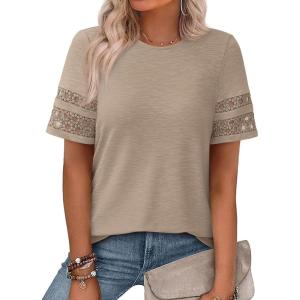 image:imagePRETTYGARDEN Summer Tops for Women 2026 Lace Short Sleeve TShirts Casual Blouses Spring Fashion Clothes Vacation OutfitsKhaki