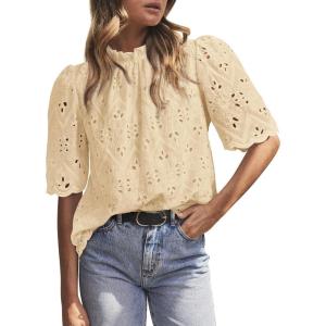 image:imagePRETTYGARDEN Summer Tops for Women 2026 Short Sleeve Embroidered Eyelet Shirts Dressy Casual Blouses Spring Fashion ClothesBeige Yellow